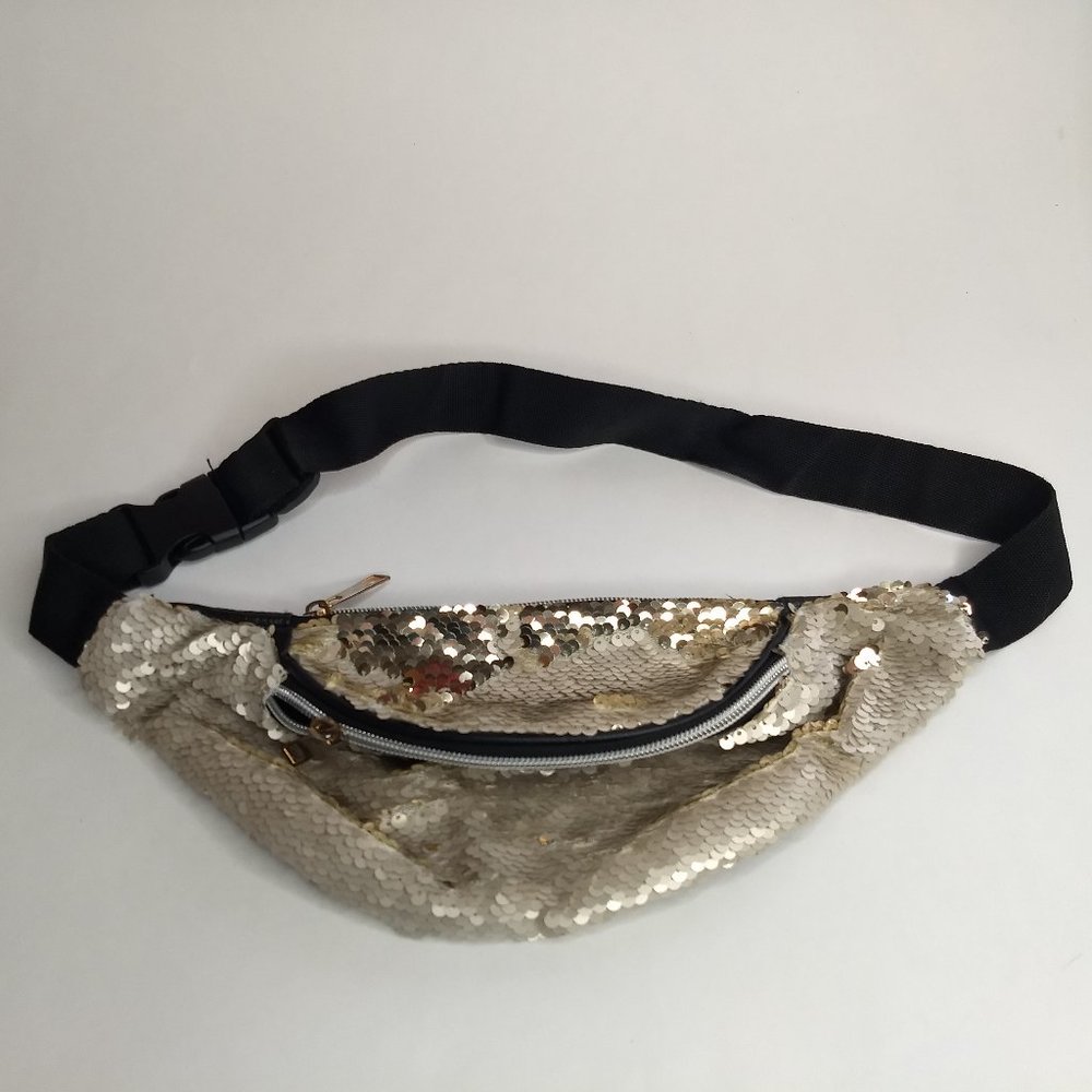 Sequin Fanny Belt Bag Zippered Beige Black Gold Glam Bling Fun Party Festival